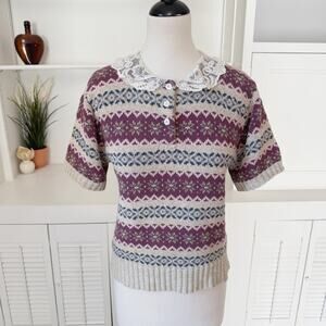 Vintage 80's Ralph Lauren Fair Isle Lace Collar Short Sleeve Sweater Size S/M